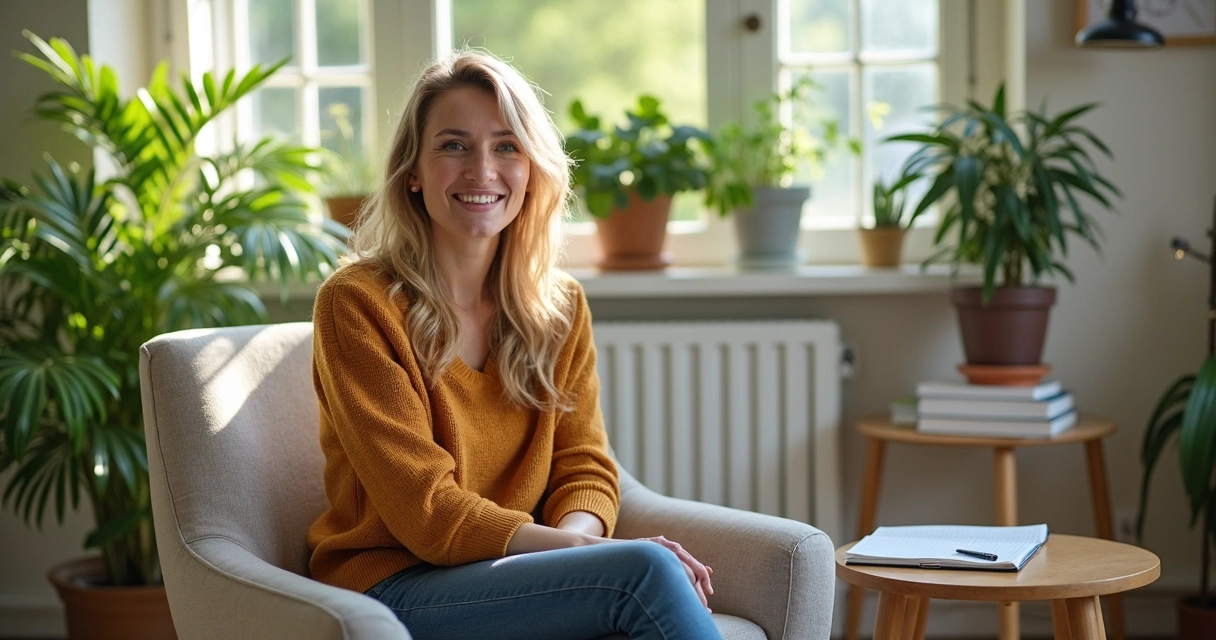 Psicóloga sorrindo sentada em poltrona, consultório iluminado, plantas ao fundo e livros na mesa