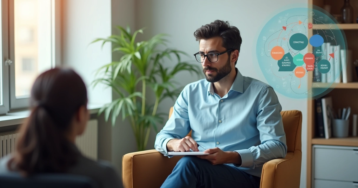 Psicólogo refletindo sobre vieses cognitivos durante sessão em consultório 