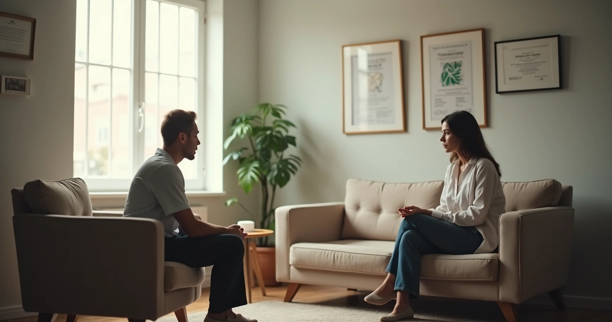 Paciente sentado em sofá refletindo durante sessão de psicoterapia 
