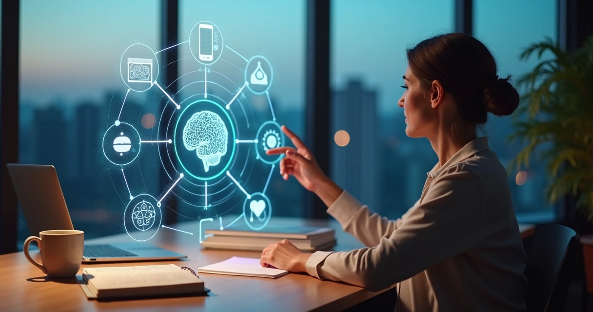 Psicóloga analisa caminhos de terapia interligados em projeção digital futurista 