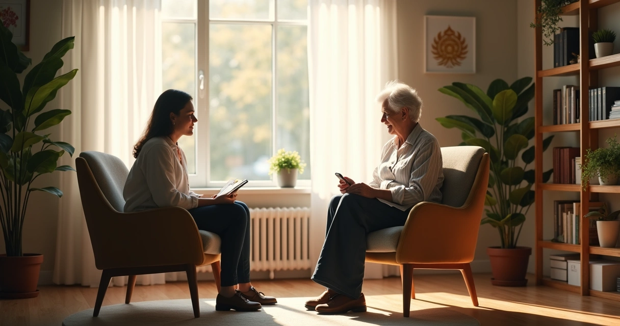 Pessoa sendo atendida por psicólogo em consultório. 