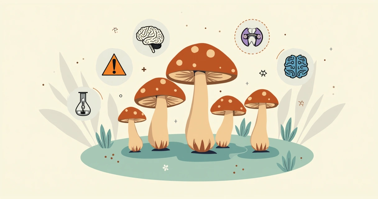 Cogumelos psilocybe cubensis ao centro com ícones de cérebro saúde e alerta ao redor 