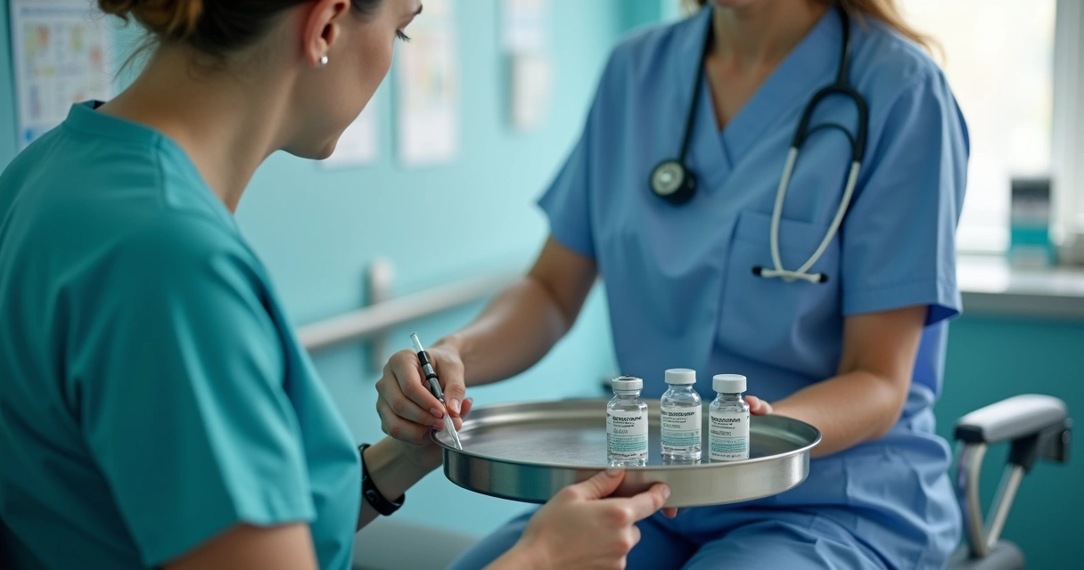 Profissional de saúde administrando medicamento em ambiente hospitalar 