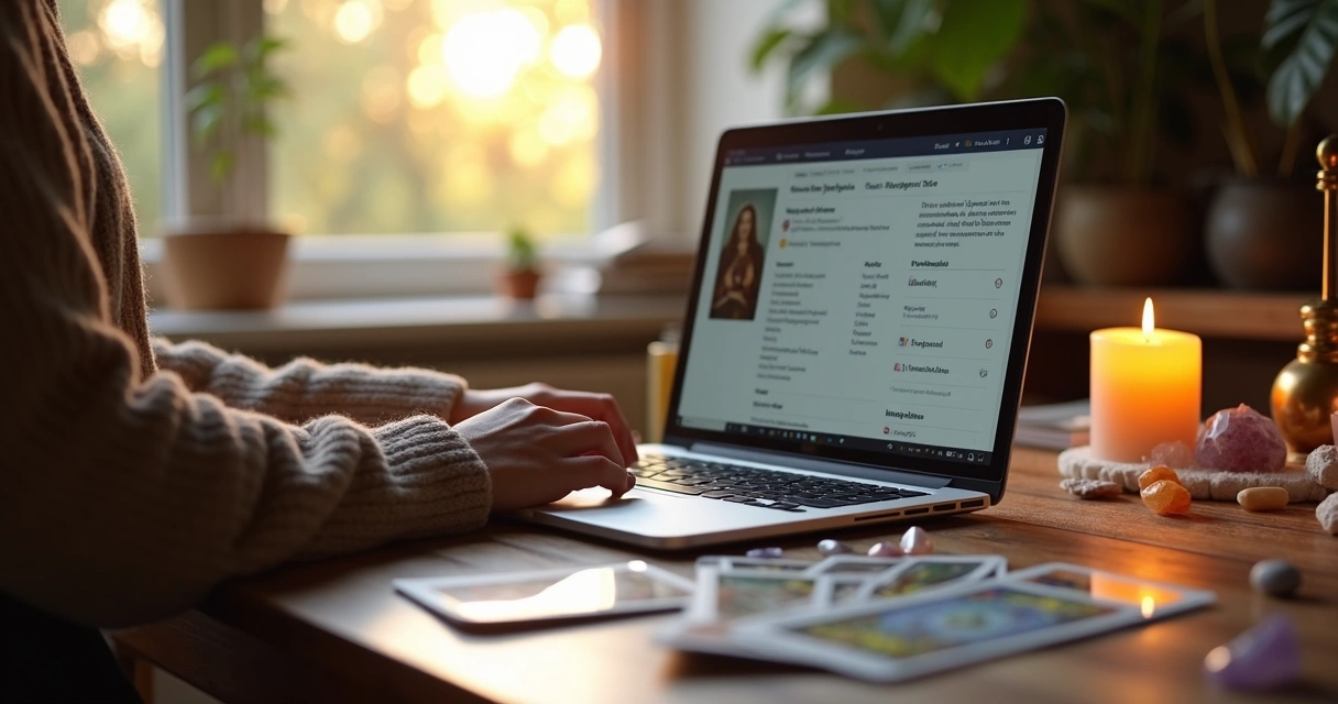 Psychic advisor creating a detailed online profile on laptop 