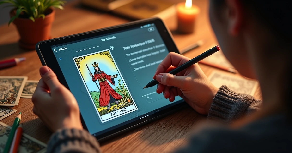 Tarot journaling on a digital tablet with King of Wands 