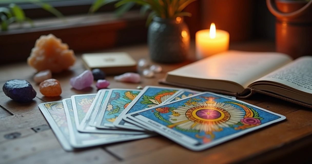 Table with tarot cards, crystals, oracle cards, and a notebook arranged for a psychic reading 