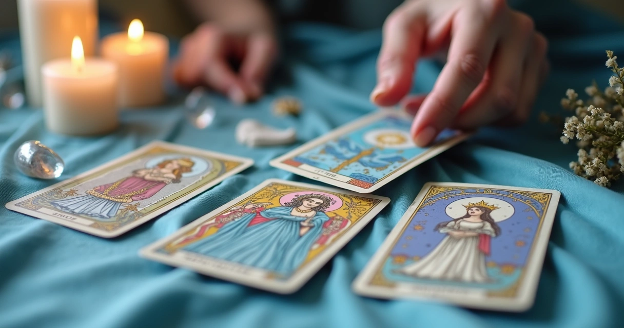 Tarot card spread including High Priestess and Magician cards 