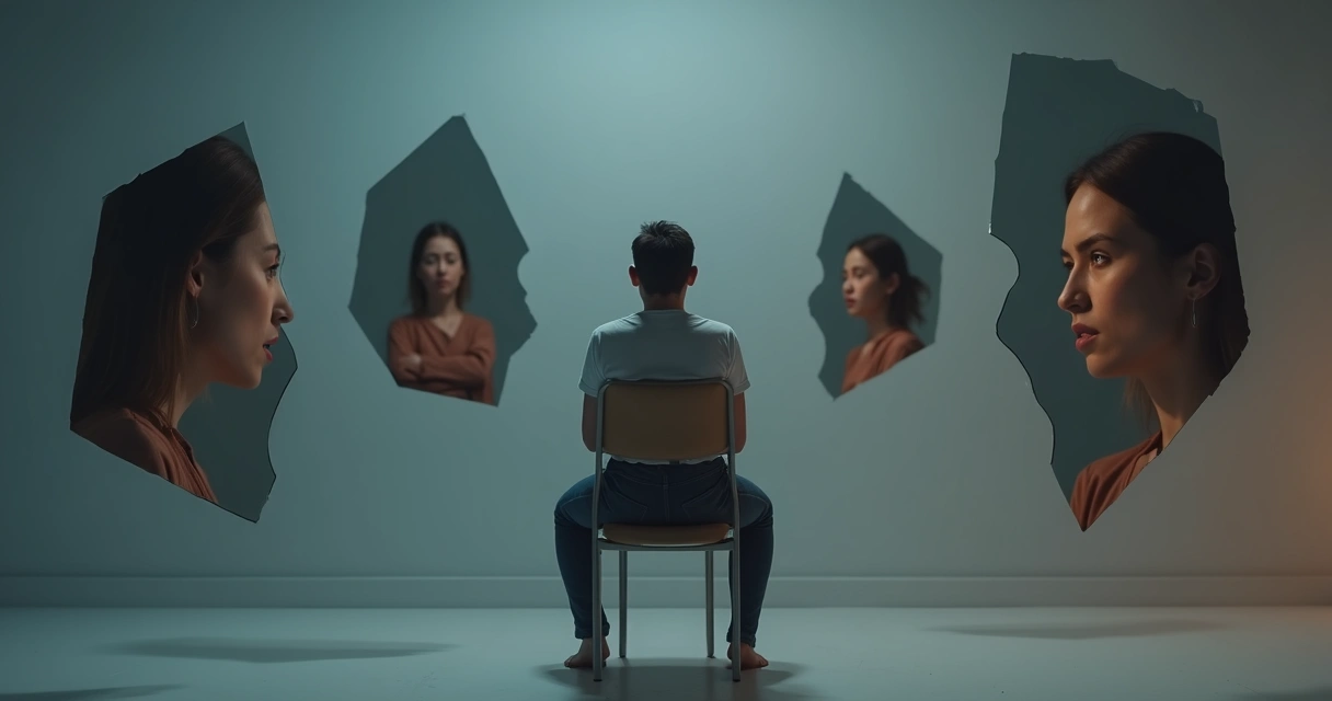 Person surrounded by fragmented mirrors showing different emotional expressions 