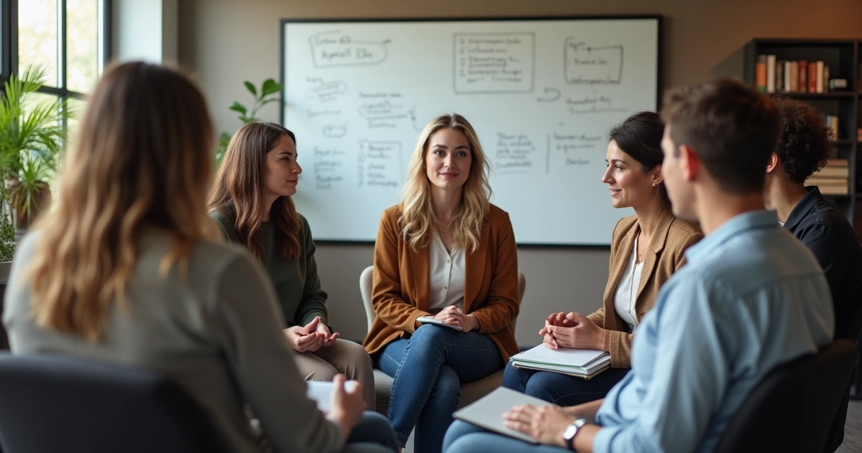 Diverse adults in a circle creating a safe space for open dialogue 