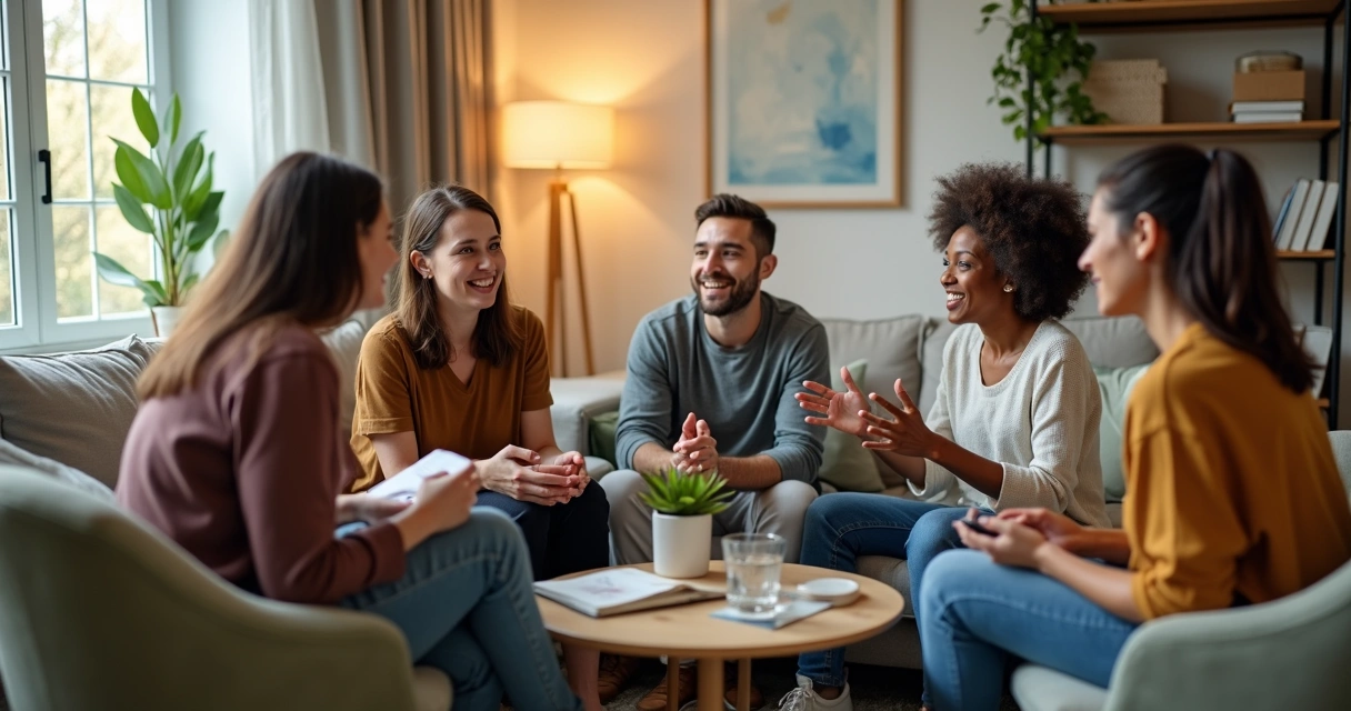 Group of close friends talking openly in a safe, relaxed living room setting 