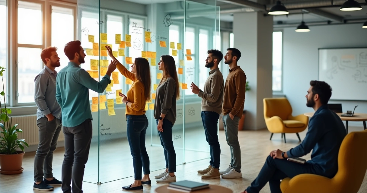 Team in casual innovation lab placing ideas on transparent wall 