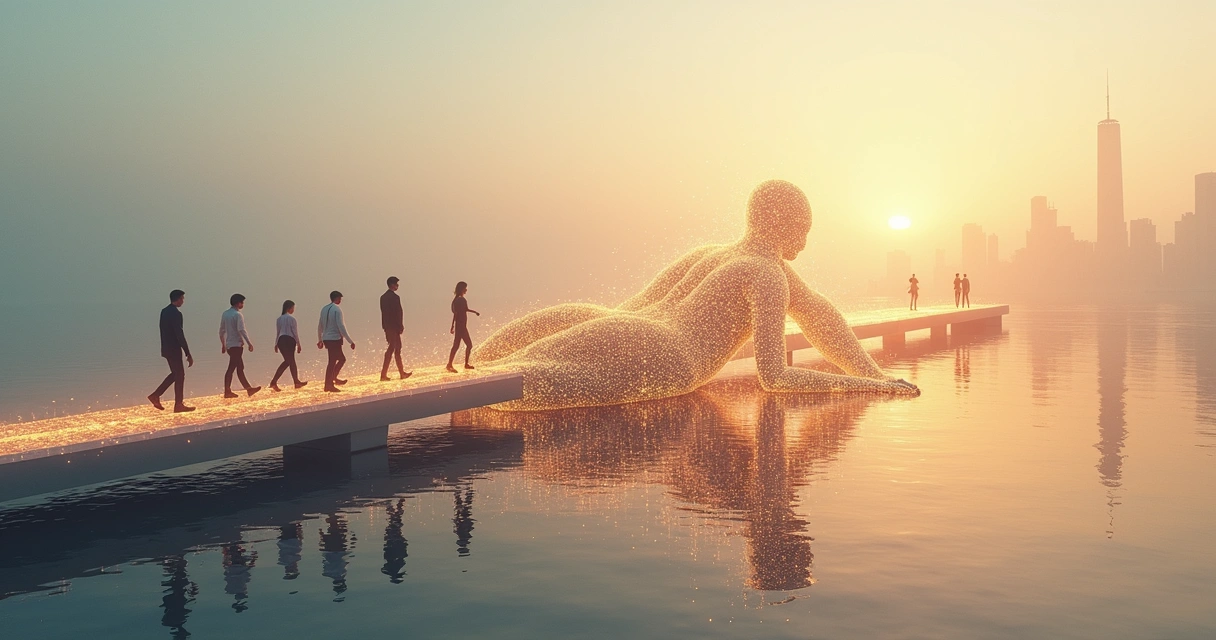 Group crossing a glowing human-shaped bridge made of connections 