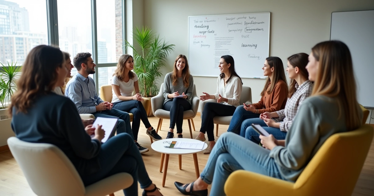 Diverse team in relaxed meeting circle showing psychological safety at work 