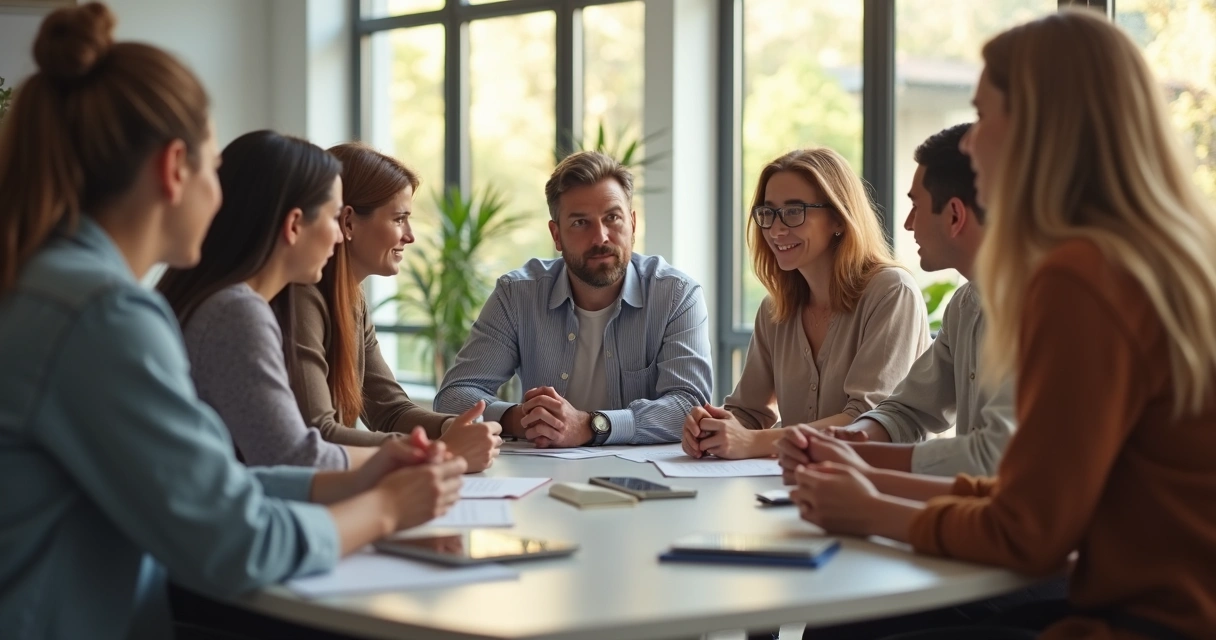 Group gathered in a comfortable workspace, showing attentive body language during a conversation. 