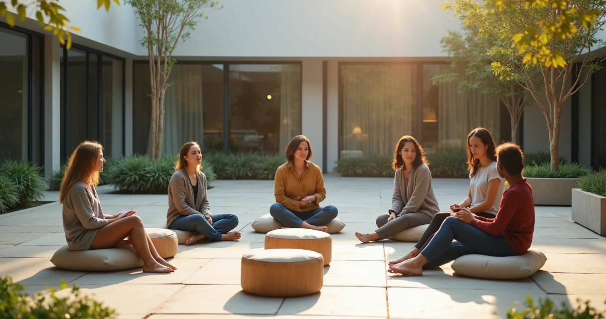 Team sitting in a circle in a courtyard garden with a protective glass dome overhead 