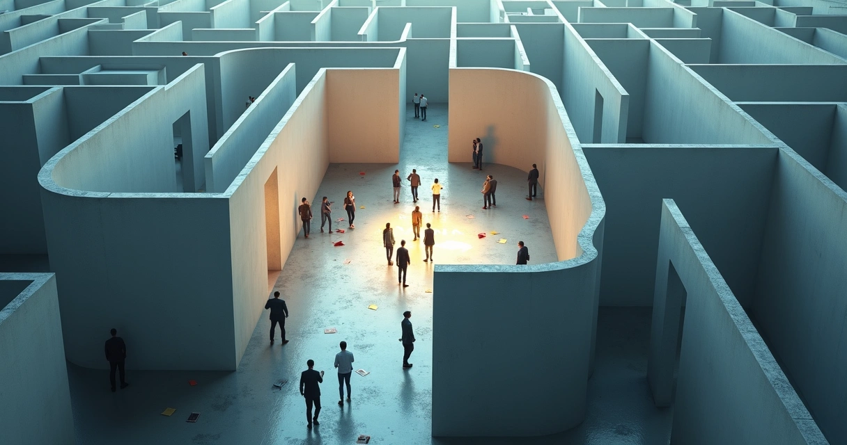 Aerial view of office workers inside a maze shaped like a human head 