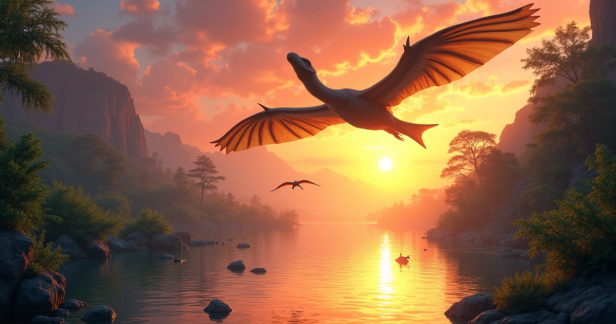 Pterodáctilo voando sobre um lago pré-histórico ao pôr do sol, refletindo as cores do céu.