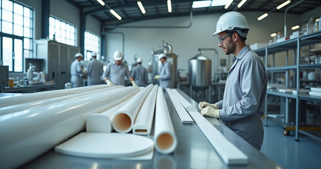 Técnico observando tubos em PTFE em linha industrial moderna 