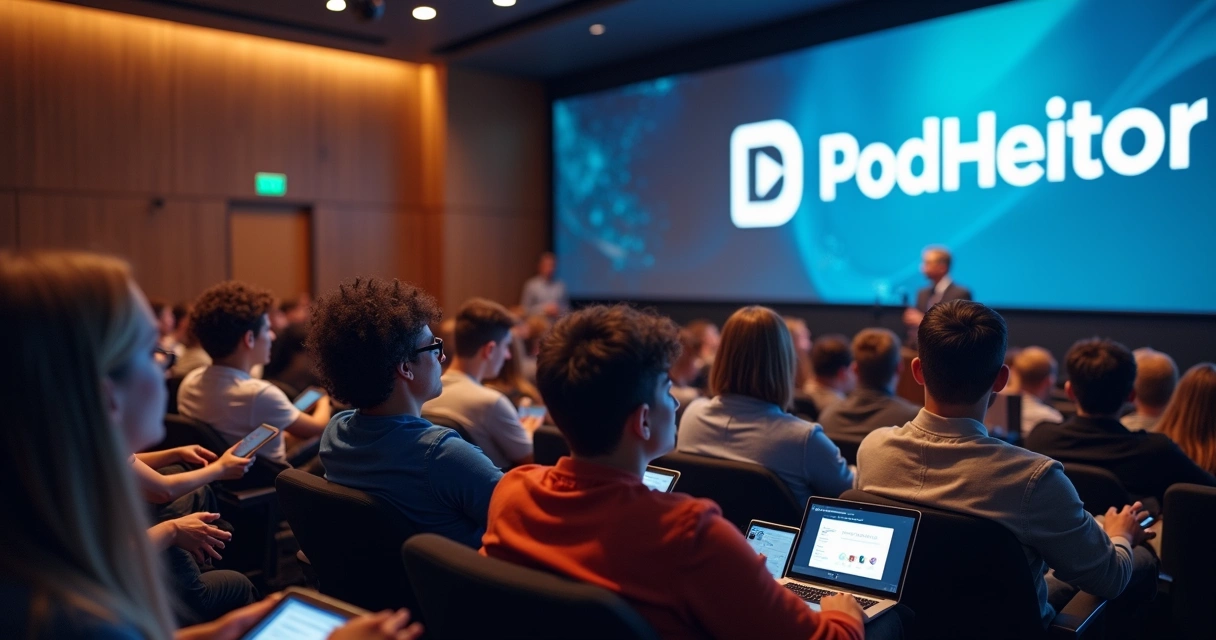 Público assistindo gravação de podcast sobre tecnologia 