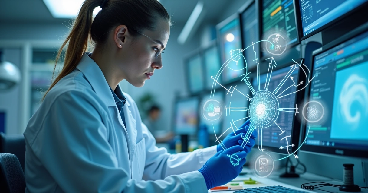 Researcher with laboratory equipment and innovation diagram