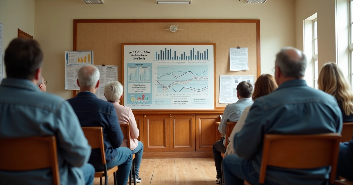 Community board displaying budget charts during a public discussion 
