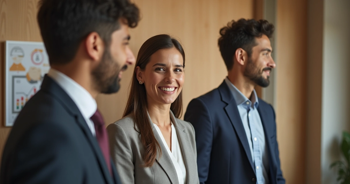 Woman in formal clothes with family, symbols of stable public career 