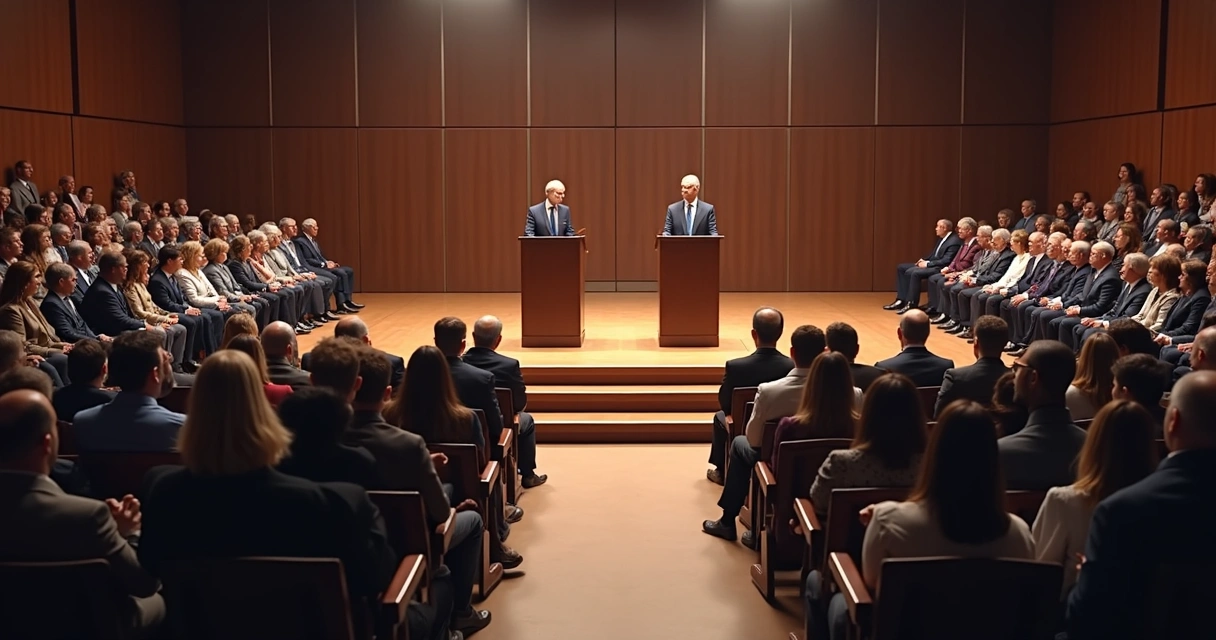 Debate stage with two speakers and divided audience