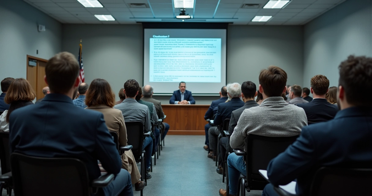 Citizens sitting in a quiet public meeting room 