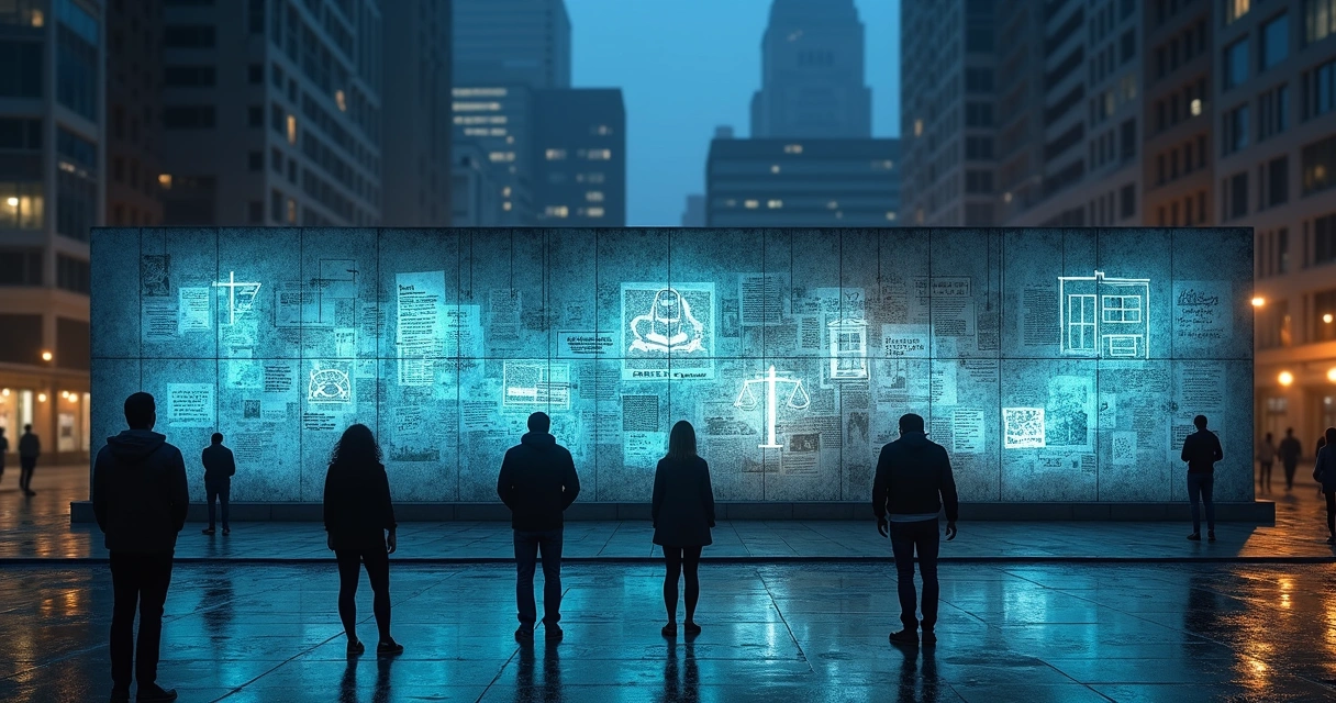 Night city square with public policy icons emerging from glowing mural of stories 