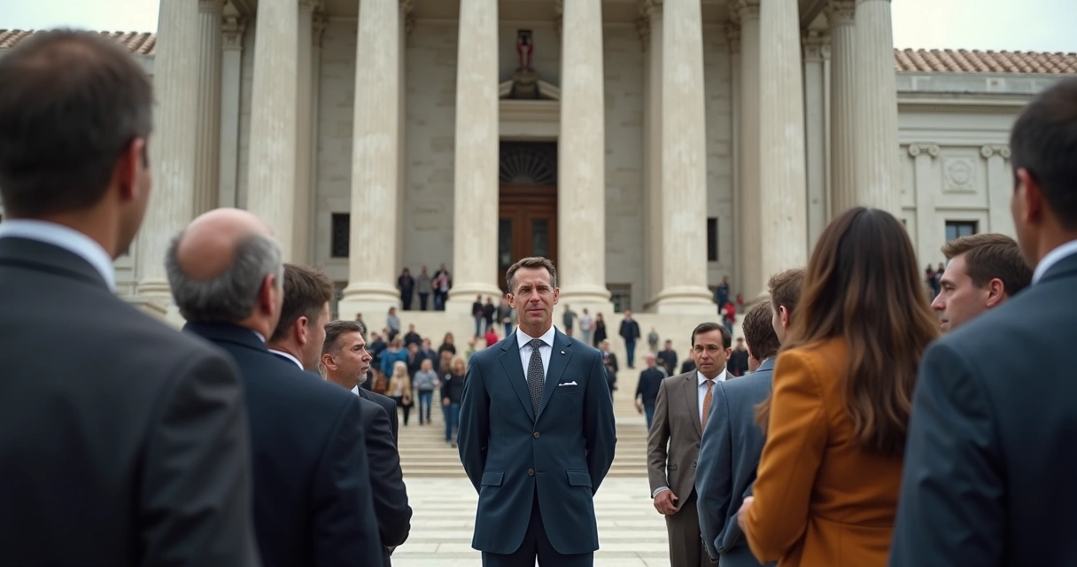 Leader standing between a crowd and public institution building