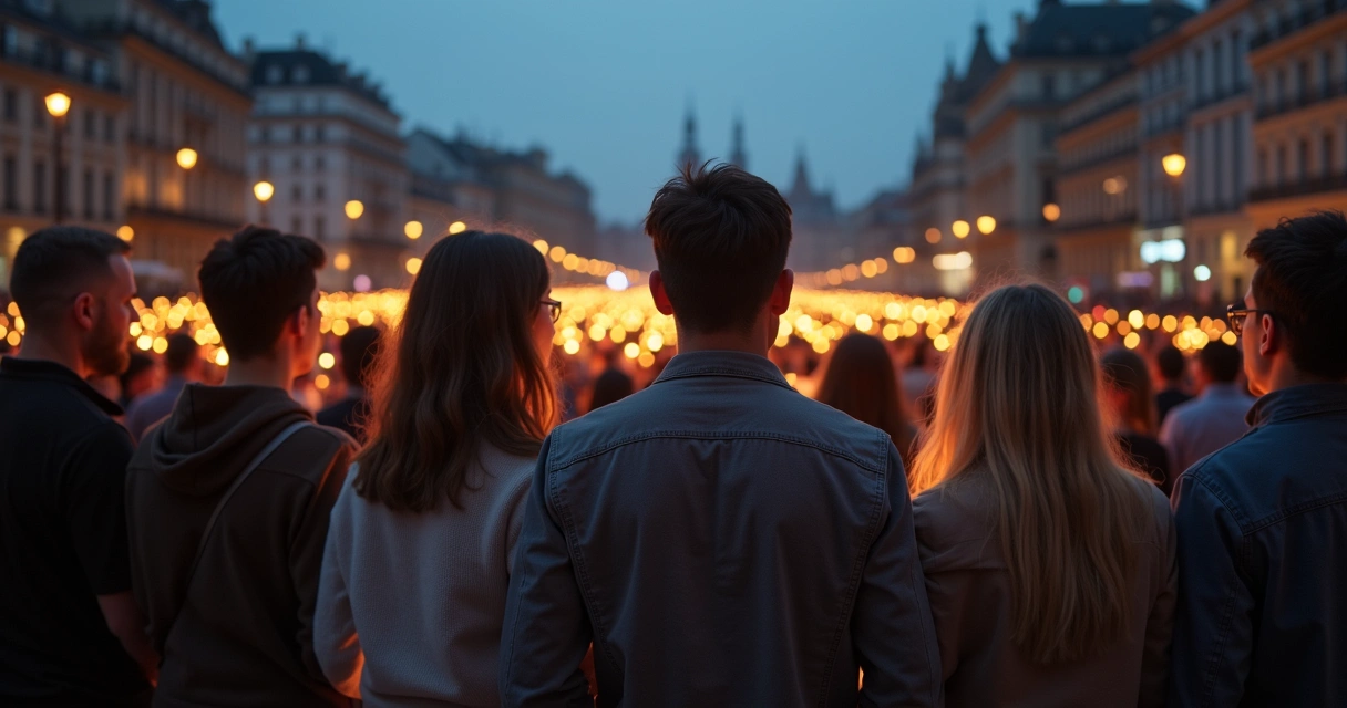 People standing in a candlelight circle in a public square