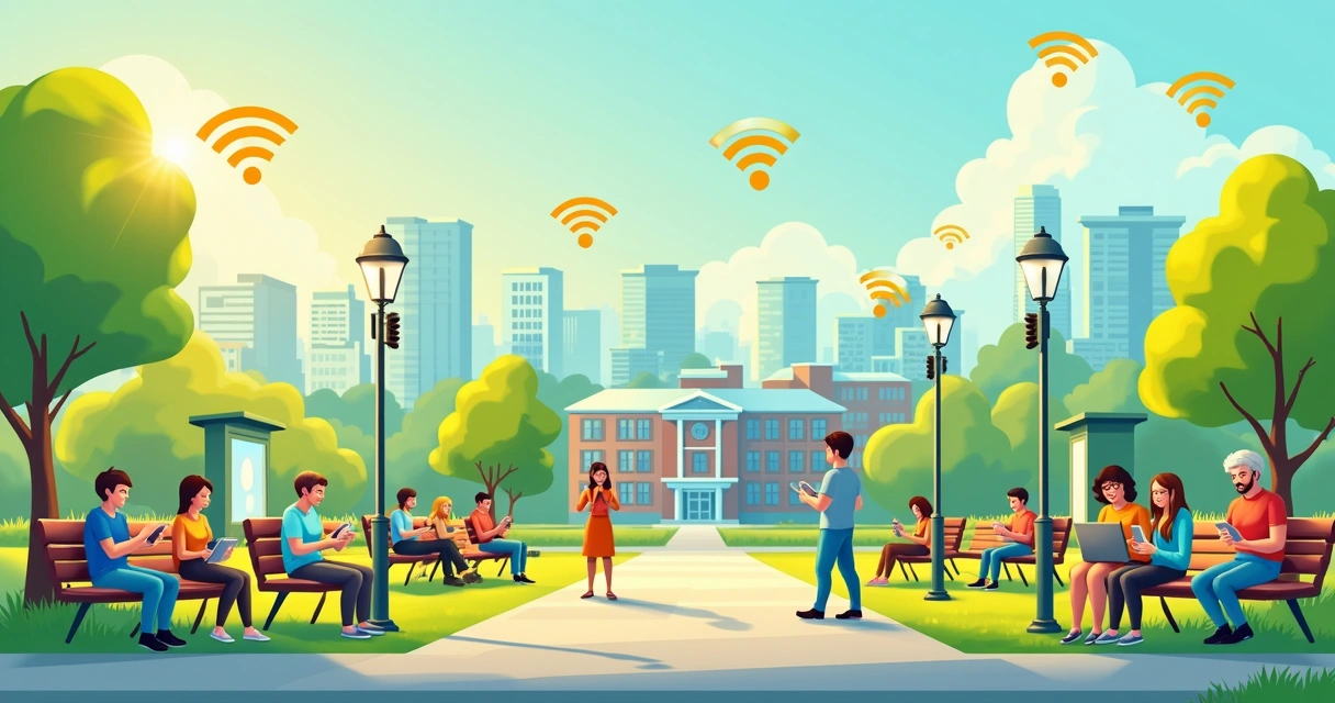 Pessoas conectadas em espaço público com pontos Wi-Fi