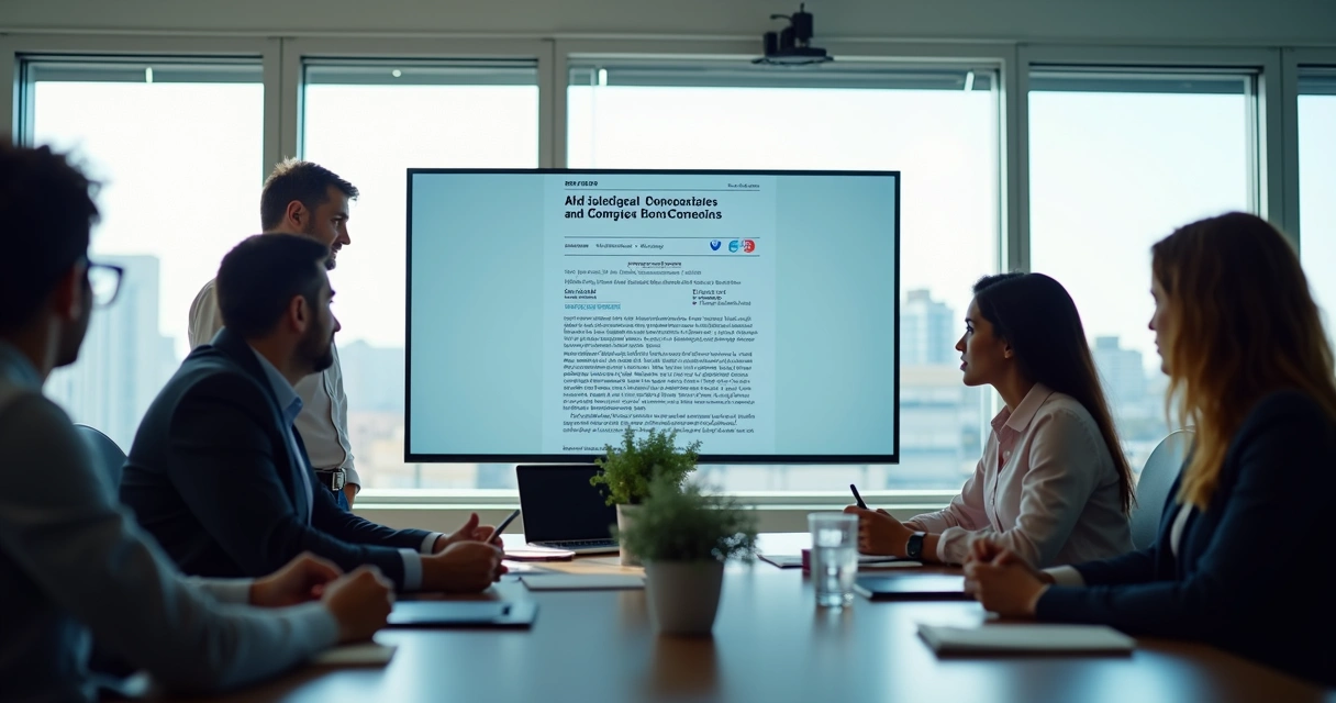 Executivo apresentando artigo em tela para equipe 