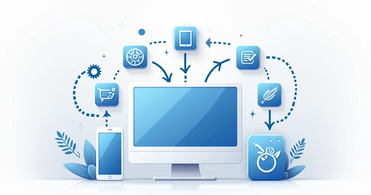 Fluxo automatizado com ícones de aplicativos, engrenagens e uma tela de celular 