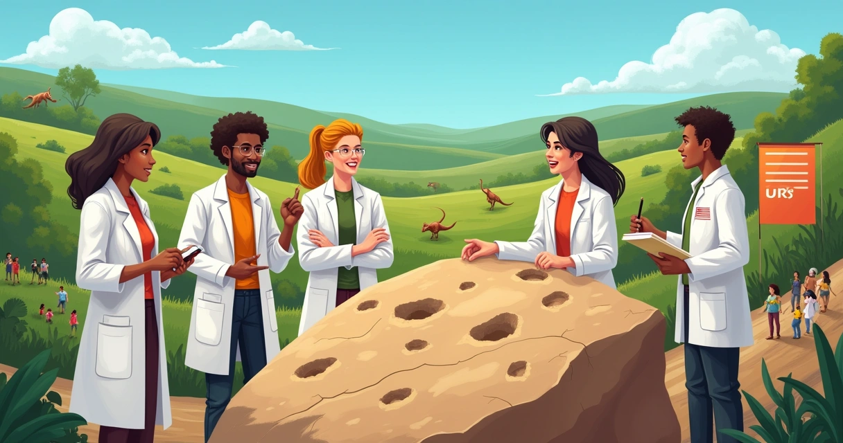 Equipe de pesquisadores da UFRGS discutindo pegadas de dinossauros em um ambiente natural, com comunidade envolvida.