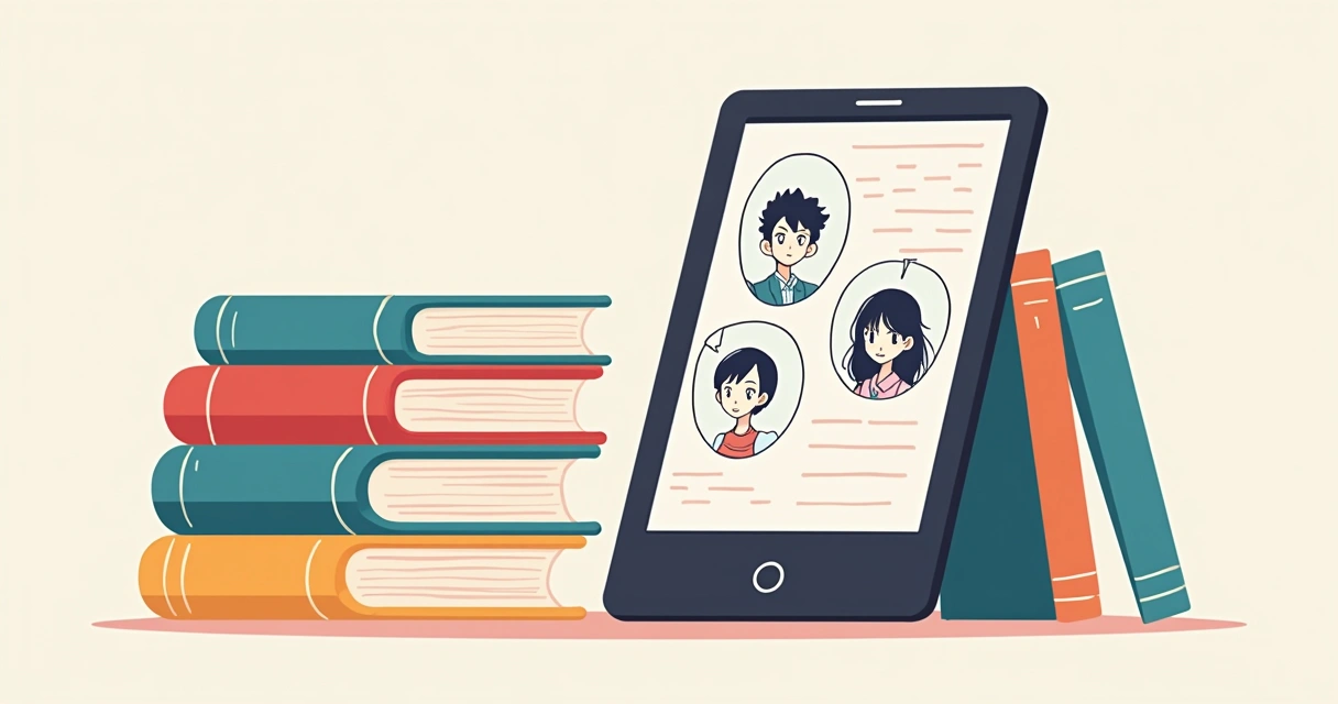 E-reader exibindo romance ilustrado ao lado de livros físicos 
