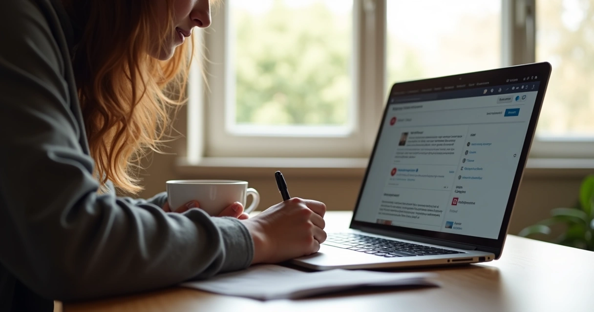 Pessoa digitando em notebook em mesa de escritório, ao fundo janela iluminada, mostrando LinkedIn na tela 