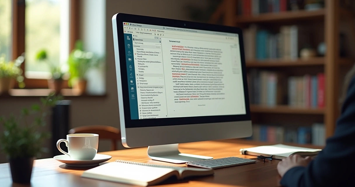 Autor revisando livro em computador com anotações 