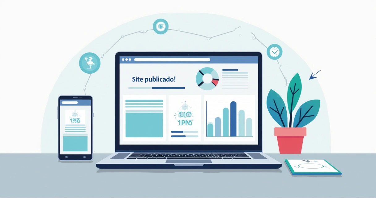 Notebook exibindo site publicado rapidamente e gráfico de desempenho 