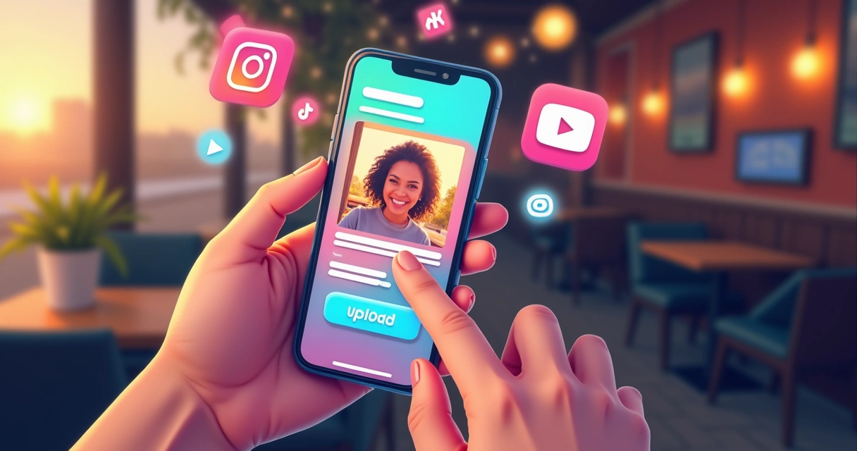 Smartphone mostrando o upload de vídeos em diferentes redes sociais com ícones coloridos ao redor 
