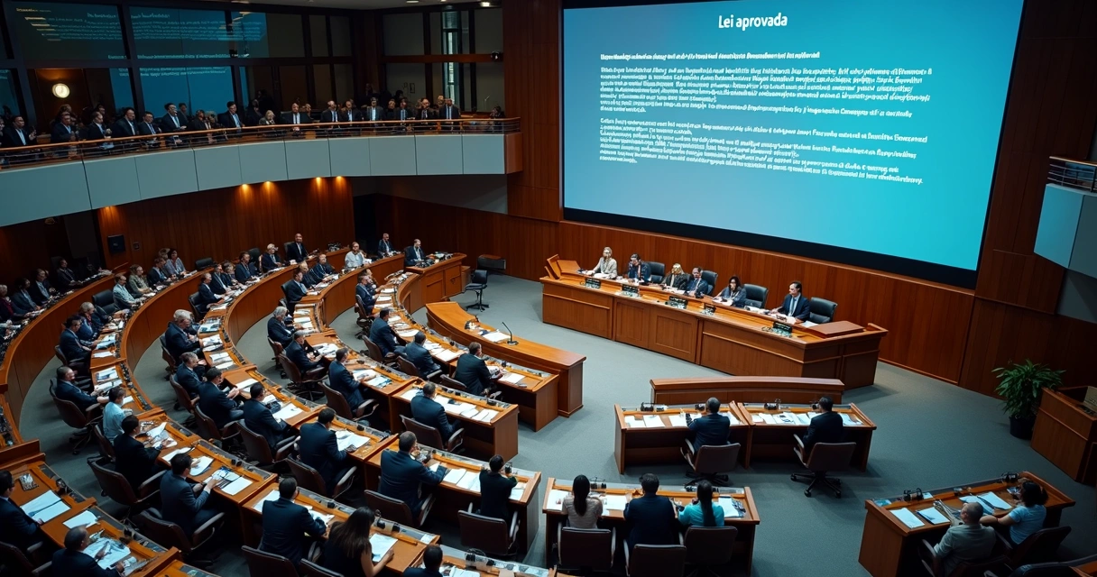 Sessão legislativa sendo transmitida com telão mostrando lei aprovada