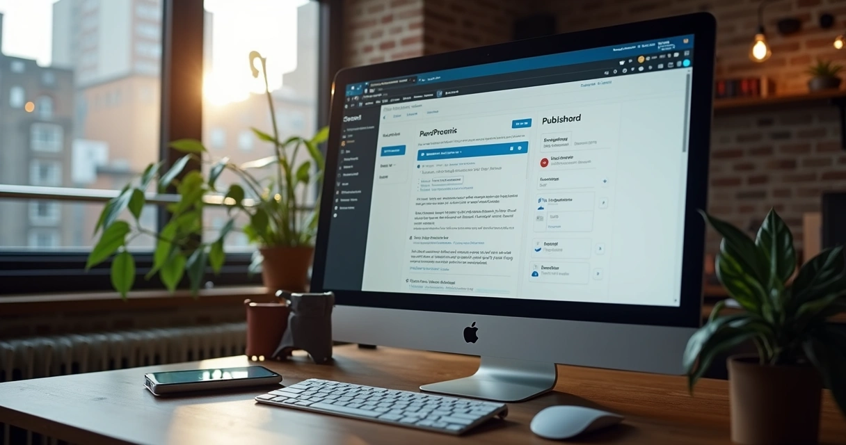 Tela de computador exibindo painel de publicação de site WordPress 