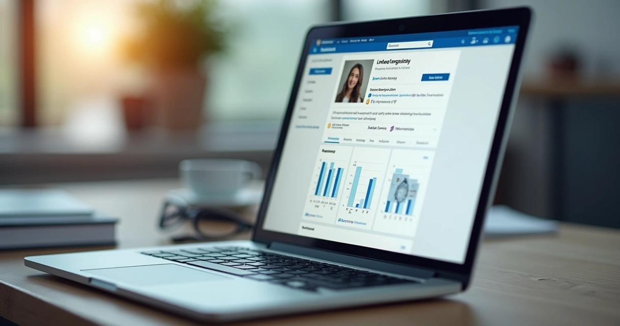 Tela de notebook mostrando post do LinkedIn sendo programado com gráficos de engajamento ao fundo 