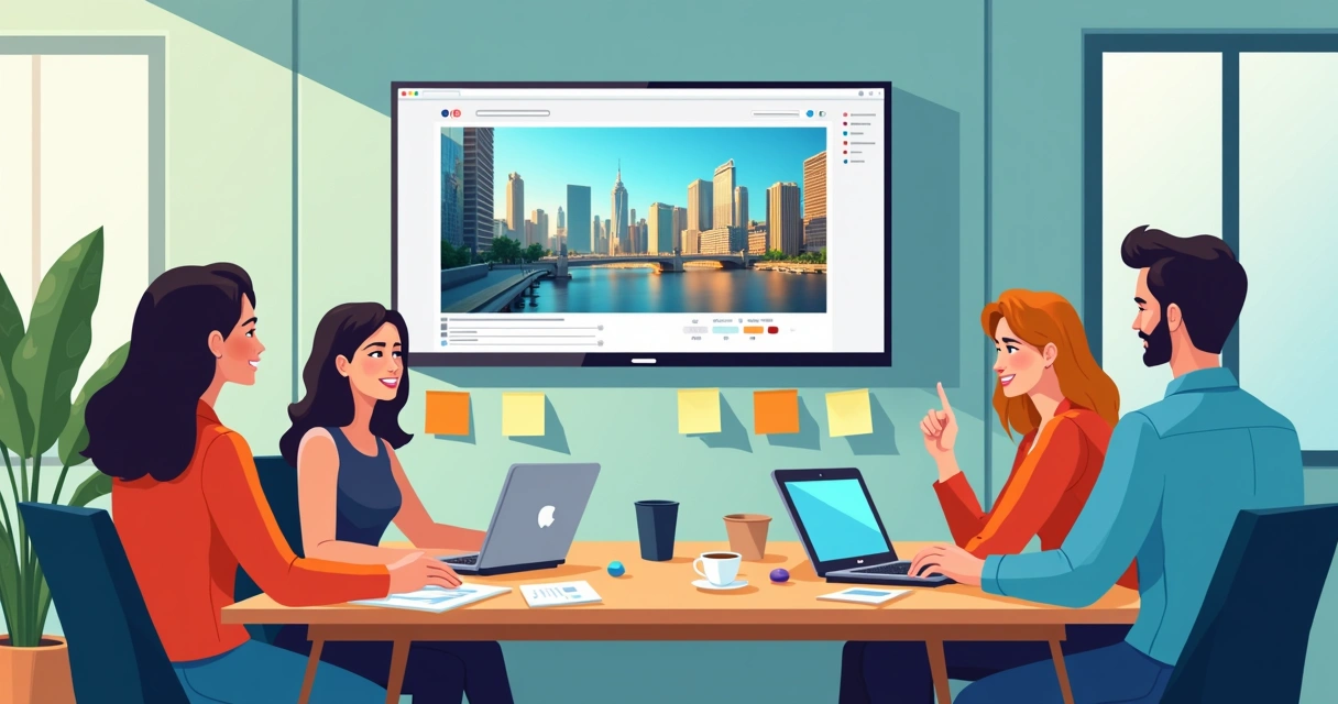 Equipe desenvolvendo campanha publicitária com IA no escritório 