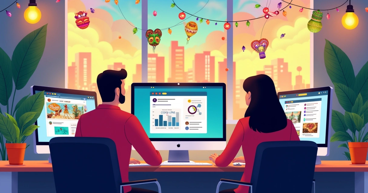 Propaganda digital de evento carnavalesco em Olinda, com artes vibrantes e equipe elaborando post nas redes sociais. 