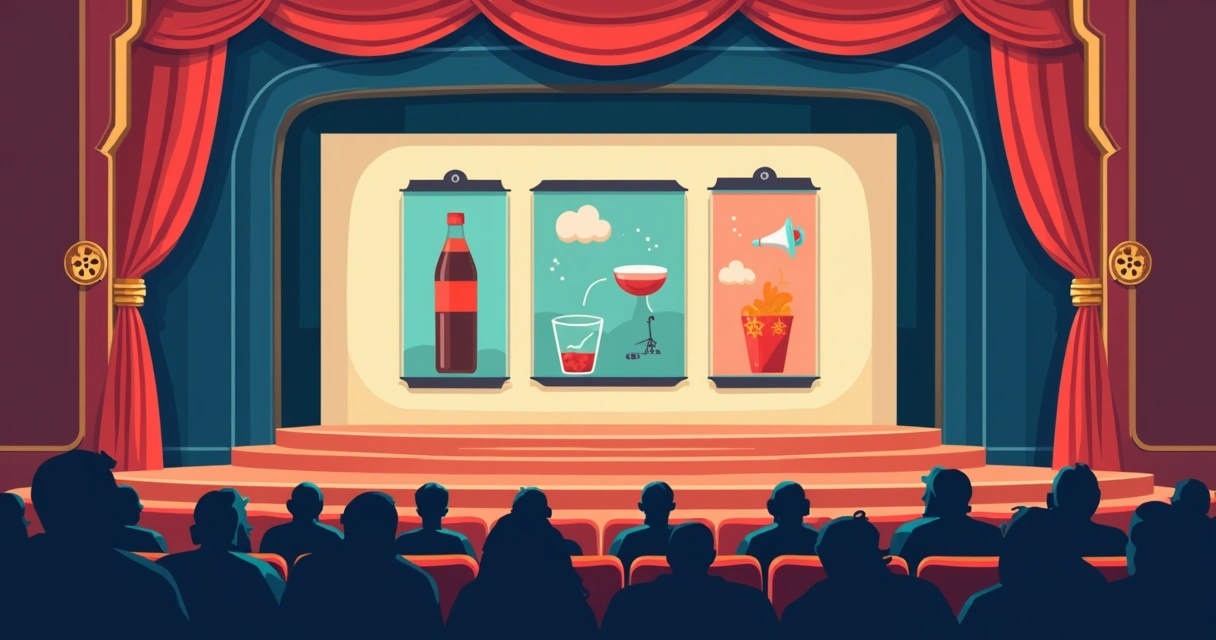 Cenário de cinema clássico exibindo publicidade em estilo retrô 