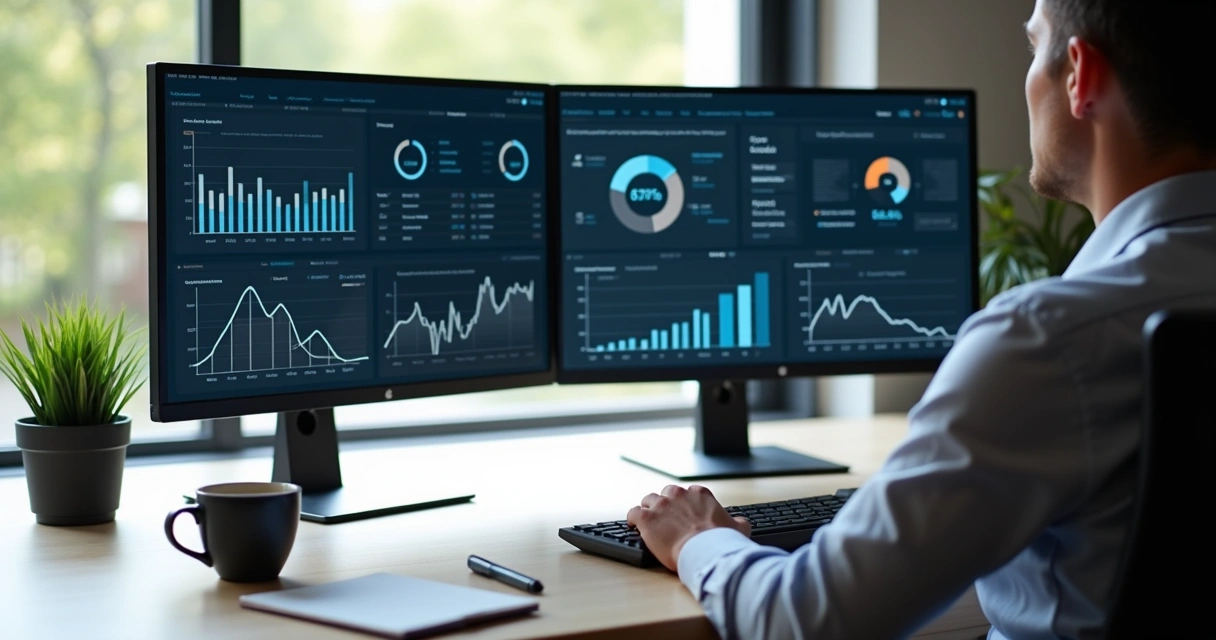Profissional analisando dados de campanhas digitais em dois monitores lado a lado 