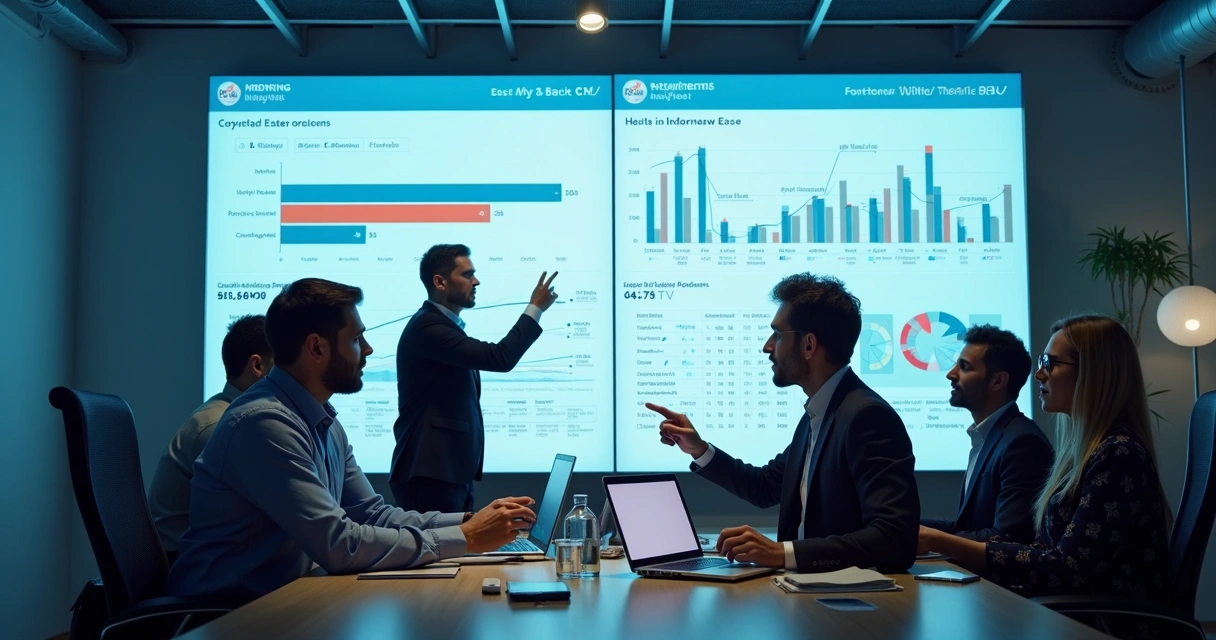 Equipes analisando painéis de dados digitais em ambiente de trabalho moderno 