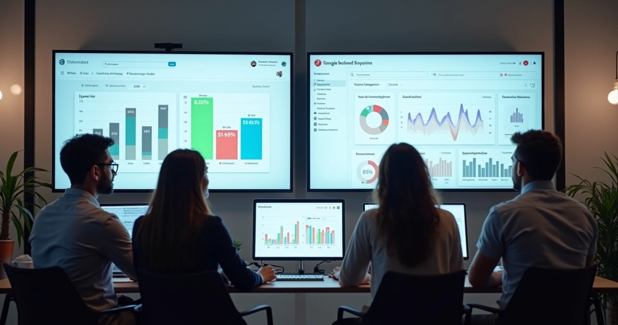 Equipe analisando anúncios digitais em tela dividida 