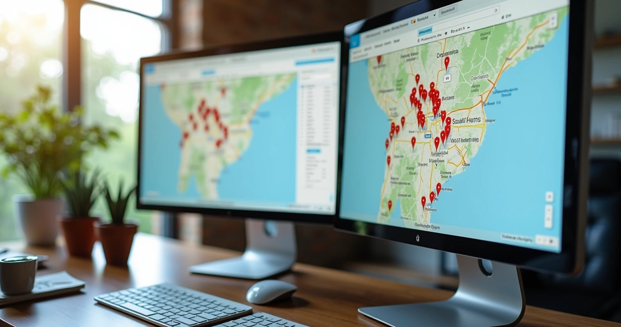 Anúncios digitais sendo segmentados por localização em telas de computador 